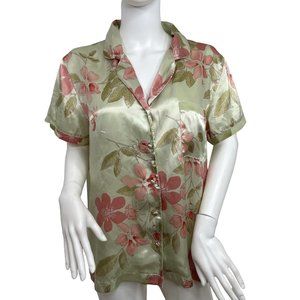 Morgan Taylor Women’s Vintage Pajama Top M Collar Short Sleeve Floral Green Pink
